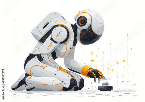 Artificial Intelligence Robot Assisting Human with Technology Task, Futuristic Collaboration, Minimalistic Vector Art, Innovative Digital Partnership, Modern AI Helping Human Achieve Goals
