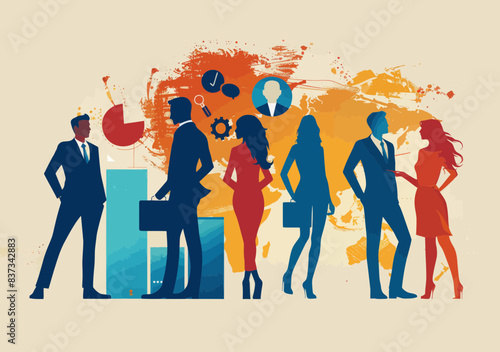 Dynamic Business Teamwork Concept with Silhouettes of Professionals Working Together, Abstract Global Background, Minimalistic Vector Illustration photo