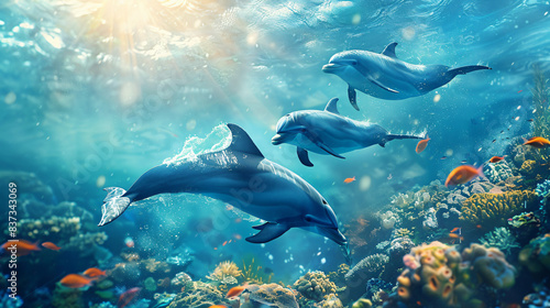 group of dolphins underwater