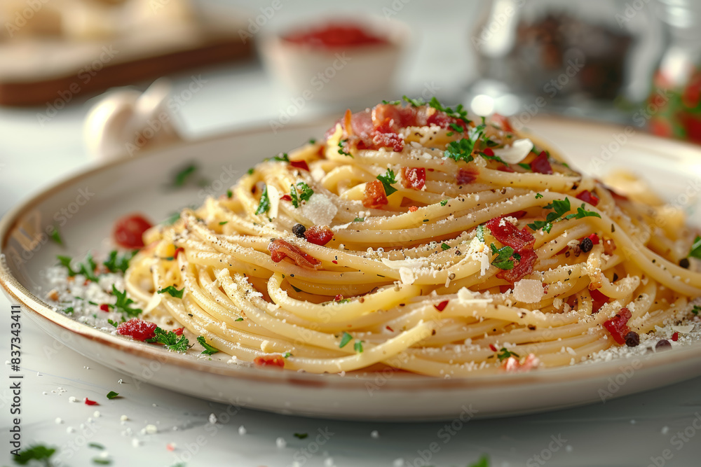 A delectable plate of spaghetti carbonara with pancetta and parmesan. Concept of Italian pasta dishes and savory meals. Generative Ai. A delectable plate of spaghetti carbonara with pancetta and parmesan. Concept of Italian pasta dishes and savory meals. Generative Ai.