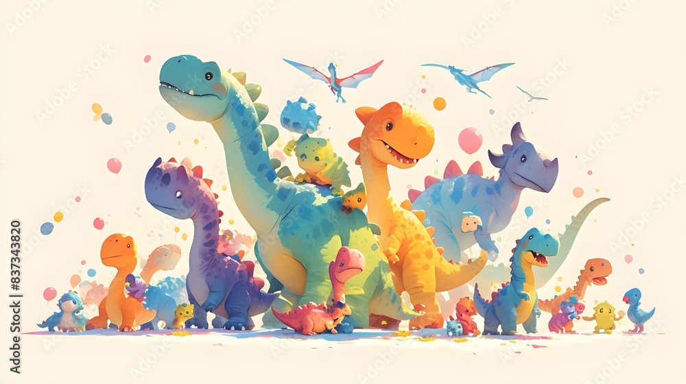 Naklejka premium Adorable Baby Dinosaurs Exploring Whimsical Pastel Toys in a Minimal Watercolor World