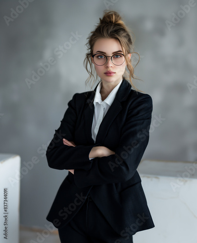 Young woman standing in loft office interior. Formal corporate portrait. Office siren aesthetic photo