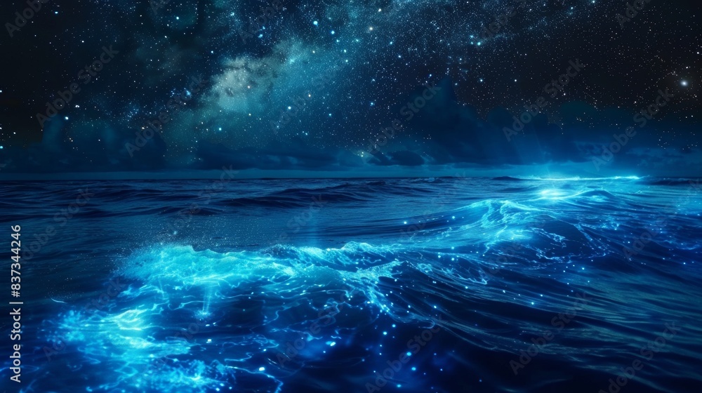 Obraz premium Bioluminescent Ocean Waves Under Starry Sky