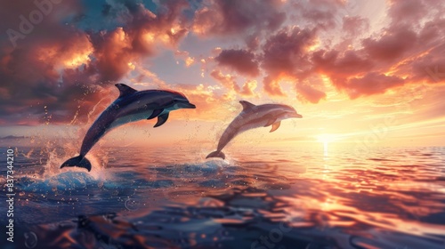 Dolphins Jumping at Sunset © Khmel