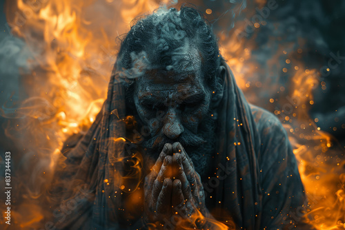 Crisis of faith shown through images of religious persecution and religious extremism. Concept of spiritual unrest. Generative Ai.