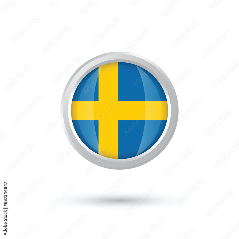 Fototapeta premium Swedish flag button. Sweden flag button, glossy and shiny, round with frames, and shine on top, on white background, isolated, vector graphic illustration with real flag colors. 