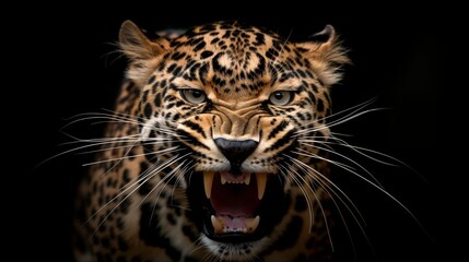 Wildlife photography of an angry leopard showing its teeth with an intense expression on a black background