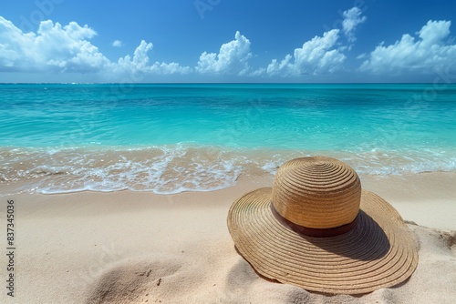 Straw hat on sandy beach close-up