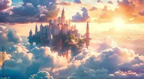 A majestic floating castle in the sky surrounded by clouds and mythical beasts photo