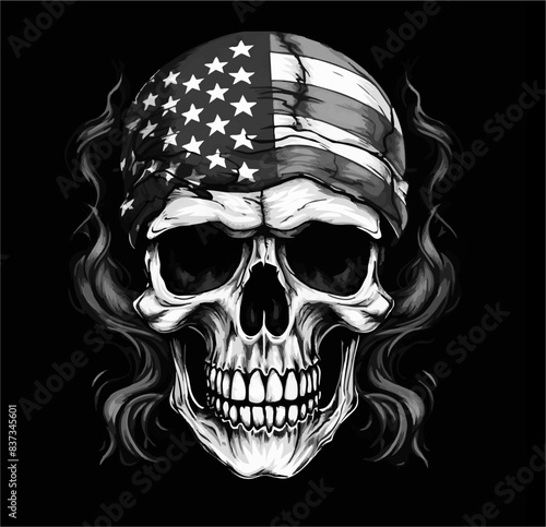 Vector drawing for t-shirt. 
Human skull with american flag 
tied in bandana on head on black background. 
Fashionable print for fabric, paper, men clothing.
T shirt design. Jolly Roger, pirate symbol