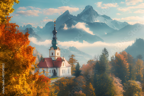 conic picture of Bavaria with Maria Gern church with Hochkalter peak on background. Fantastic autumn sunrise in Alps. Superb evening landscape of Germany countryside. Traveling concept ... photo