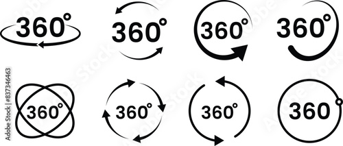 Set of 360 degree views of vector circle icon. Round signs with arrows rotation to 360 degrees. Signs with arrows to indicate the rotation. Vector Illustration.