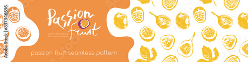 Tropical banner template with hand drawn granadilla pattern and passion fruit seamless pattern. Exotic fruits concept. Passion fruit background for cosmetic label, fruits puree or juice packaging.