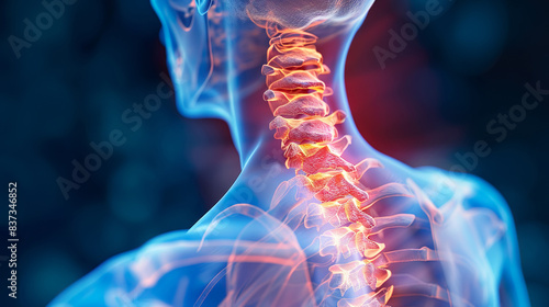 A detailed medical illustration of a herniated disc in the cervical region of the spine