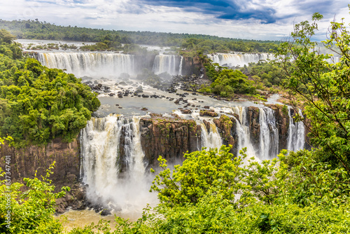Iguazu falls waterfall in Argentina and Brazil border on the river Iguazu. Tropical landscape with powerful waterfall stream in the jungle. Iguassu falls, cataratas iguazu natural wonder national park