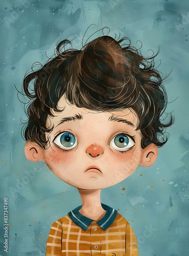 boy with messy brown hair and blue eyes wearing a yellow shirt