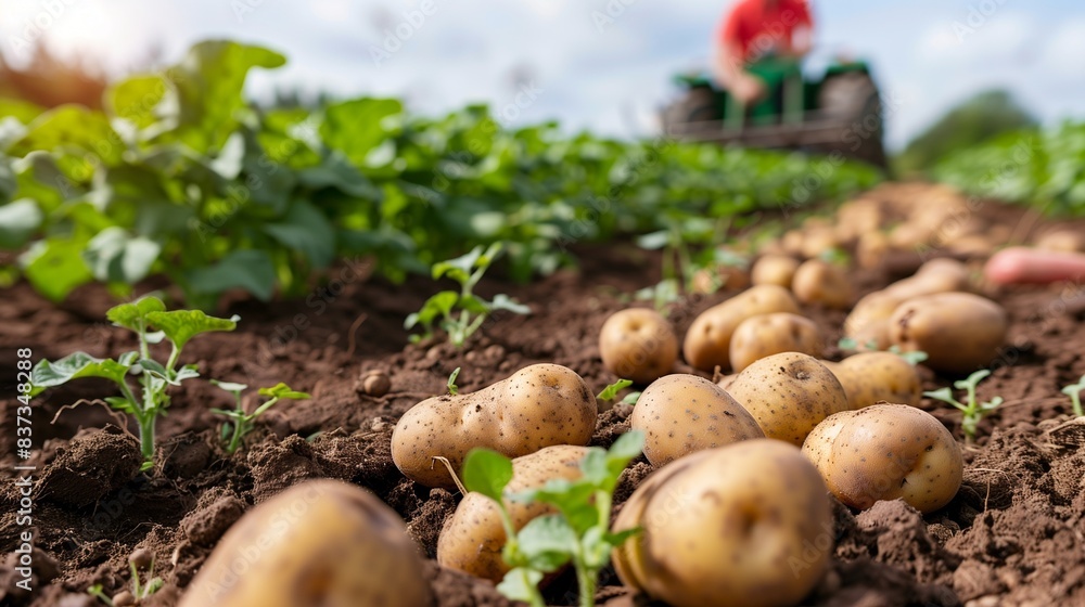 Harvesting potatoes with plow in farm field Harvesting potatoes with plow in farm field
