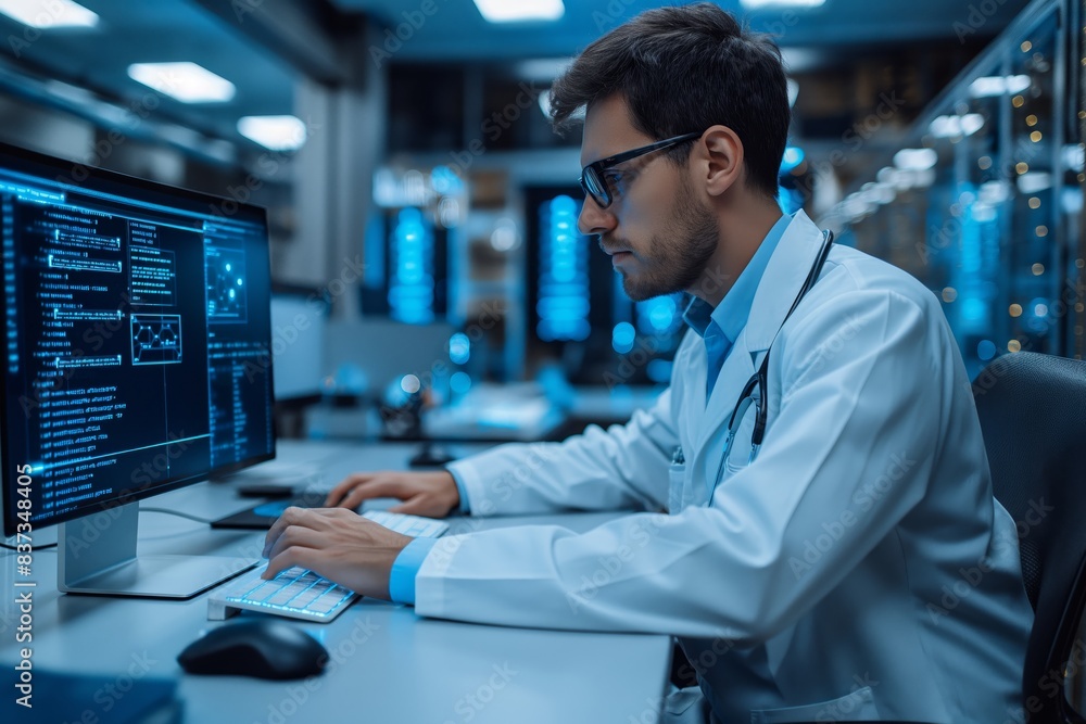 Doctor working at computer in data center Doctor working at computer in data center