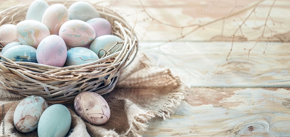 Pastel-Colored Easter Eggs in a Woven Basket on a Rustic Burlap Cloth Pastel-Colored Easter Eggs in a Woven Basket on a Rustic Burlap Cloth