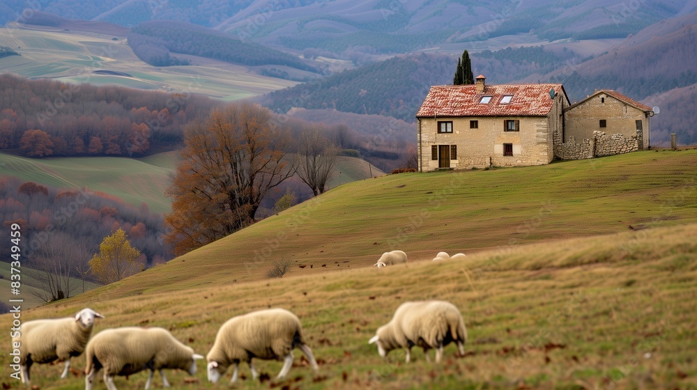 Fototapeta premium Sheep Grazing on Hillside Near Farmhouse