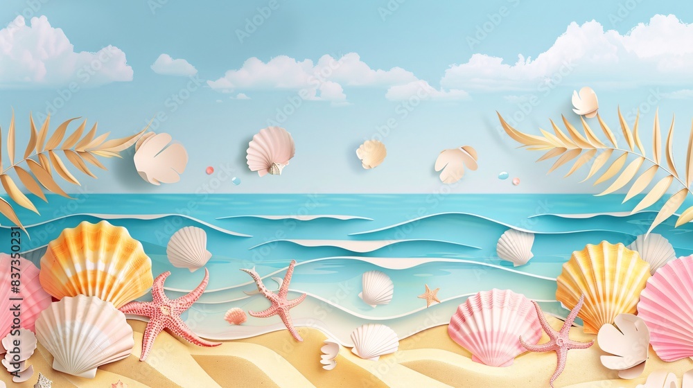 An illustration of a sunny beach with pastel-colored seashells and a 3D papercut ocean An illustration of a sunny beach with pastel-colored seashells and a 3D papercut ocean