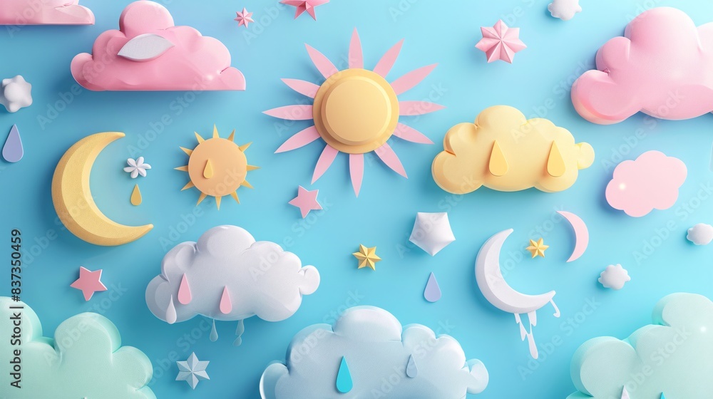 An illustration of a weather forecast with various 3D papercut weather icons in pastel colors