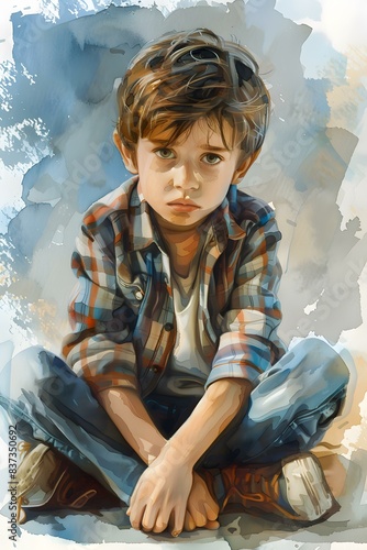 sad boy watercolor painting photo