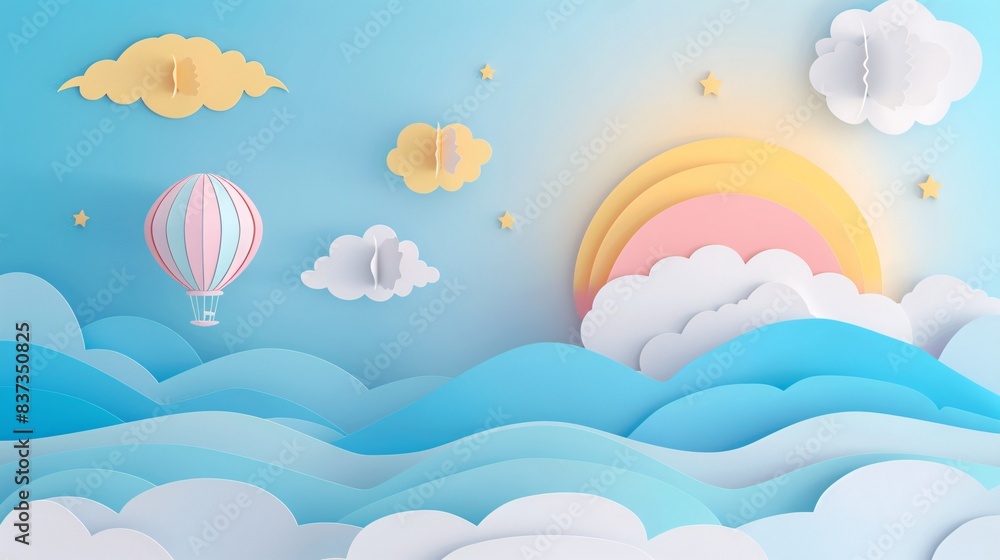 Obraz premium A 3D papercut scene of a sunny day with pastel-colored clouds and a hot air balloon floating in the sky