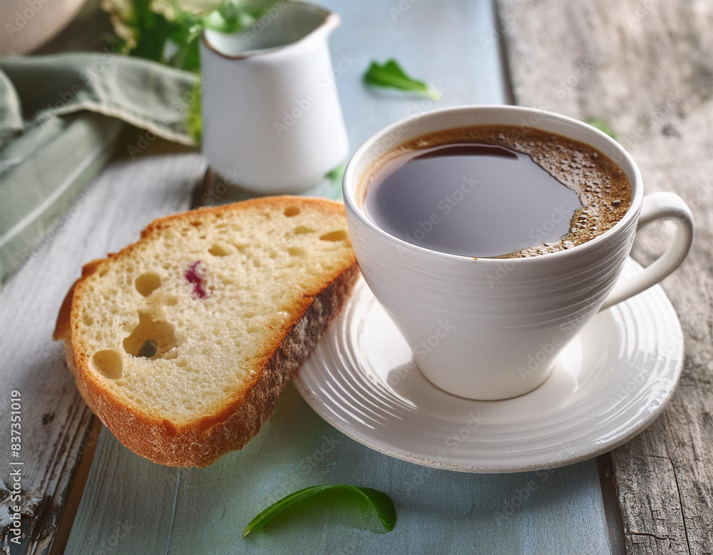 A cup of delicious coffee and slice of bread A cup of delicious coffee and slice of bread