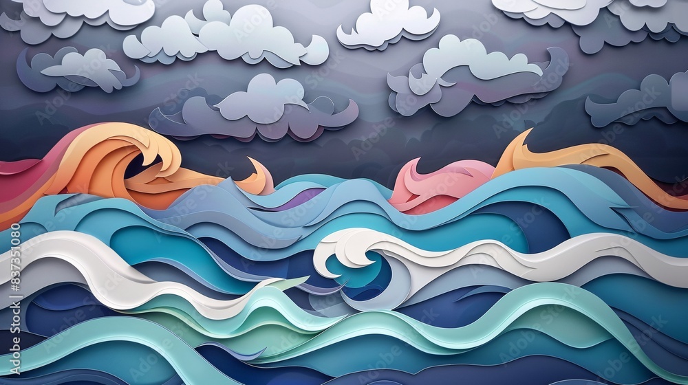 An illustration of a stormy sea with pastel-colored waves crashing and dark clouds overhead, created in a 3D papercut style An illustration of a stormy sea with pastel-colored waves crashing and dark clouds overhead, created in a 3D papercut style