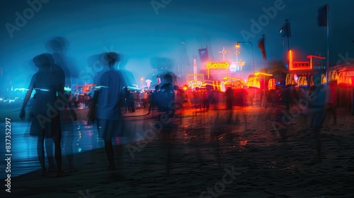 Beach at night ith neon lights. blurred vie of people. AI generated illustration photo
