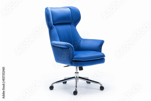 Professional executive revolving chair in vibrant cobalt blue with contoured seat and padded armrests, high-angle front view, isolated on white background