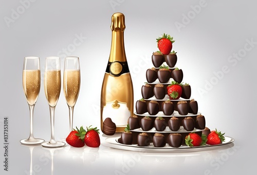 Illustration of fresh champagne glasses served with chocolate-covered strawberries arranged on a tower, creating a festive and elegant scene for celebrations.