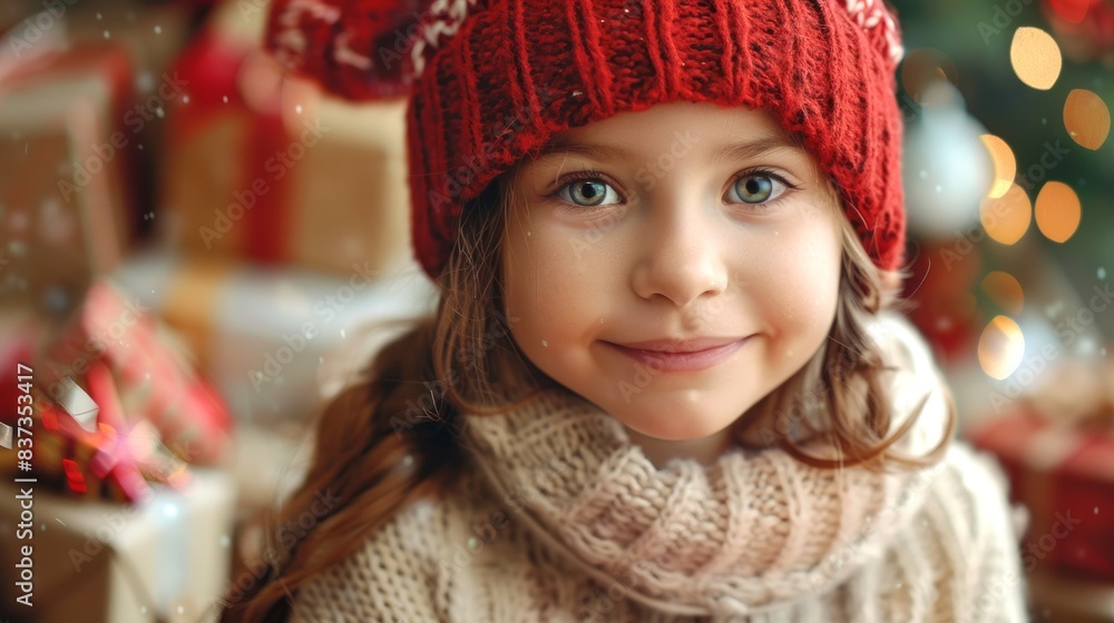 Cute Caucasian girl with a red knitted hat and cozy winter sweater smiling among holiday decorations. Concept of child, winter, holiday season, festive spirit, Christmas, New Year Cute Caucasian girl with a red knitted hat and cozy winter sweater smiling among holiday decorations. Concept of child, winter, holiday season, festive spirit, Christmas, New Year