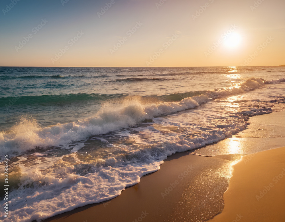 A stunning beach scene captured in a high-quality photograph. The sun is setting, casting a warm golden hue over the calm, turquoise waters. A stunning beach scene captured in a high-quality photograph. The sun is setting, casting a warm golden hue over the calm, turquoise waters.