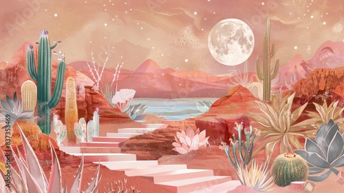 illustration of a cactus in the desert pastel pink colors wallpaper
