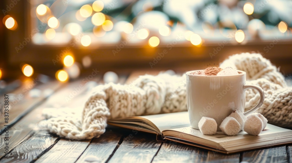 Cozy setting with a hot chocolate mug topped with marshmallows and an open book under warm fairy lights. Concept of relaxation, comfort, reading, winter warmth, Christmas Cozy setting with a hot chocolate mug topped with marshmallows and an open book under warm fairy lights. Concept of relaxation, comfort, reading, winter warmth, Christmas