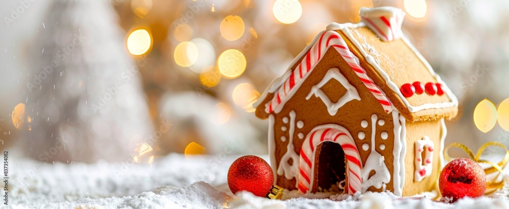 Naklejka premium Festive gingerbread house with candy decorations in a winter wonderland. Concept of holiday treats, Christmas traditions, festive decor, seasonal sweets. Banner. Copy space