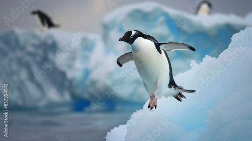 Adelie penguin jumping between two ice floes © Muhammad