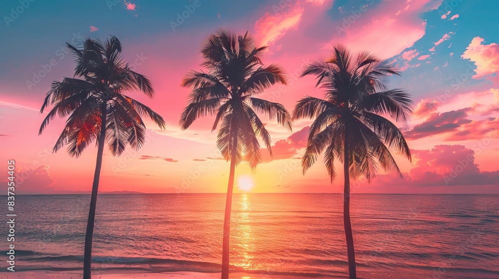 Silhouettes of palm trees and amazing cloudy sky on sunset at tropical beach with pink sky background for travel and vacation. AI generated illustration