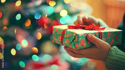 Close-up of a childs hands opening a festive gift box beside a decorated Christmas tree. Concept of holiday celebration, gift giving, Christmas presents, joyful moments