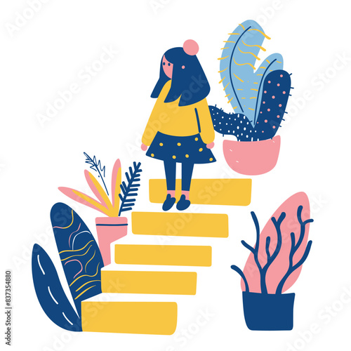Young girl yellow dress descending stairs surrounded houseplants. Cartoon character steps down staircase next potted cacti foliage. Flat style vector artwork breezy indoor garden scene