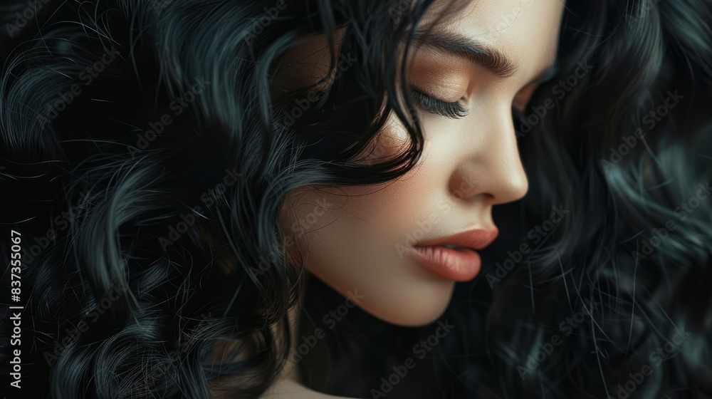 Black Hair Salon. Beauty Brunette with Shiny Wavy Hair, Curly Coiffure Model in Clean Salon Setting Black Hair Salon. Beauty Brunette with Shiny Wavy Hair, Curly Coiffure Model in Clean Salon Setting