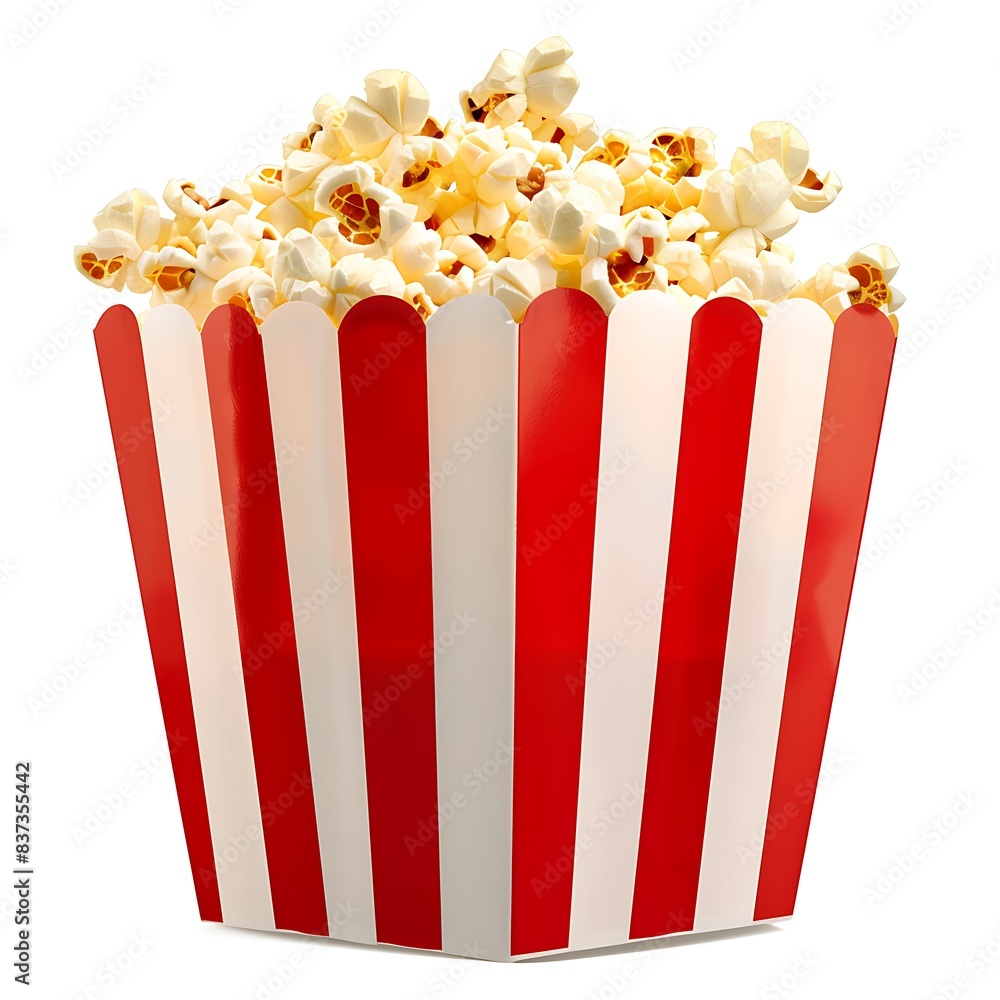 Popcorn in striped bucket isolated on white background. Popcorn in striped bucket isolated on white background.