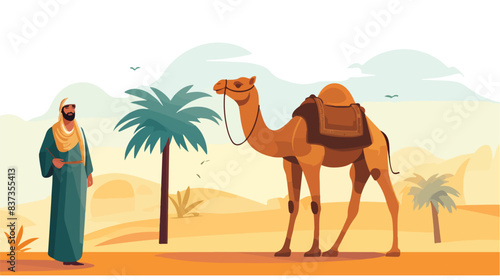Eid al adha mubarak Arabic man with a camel and goa