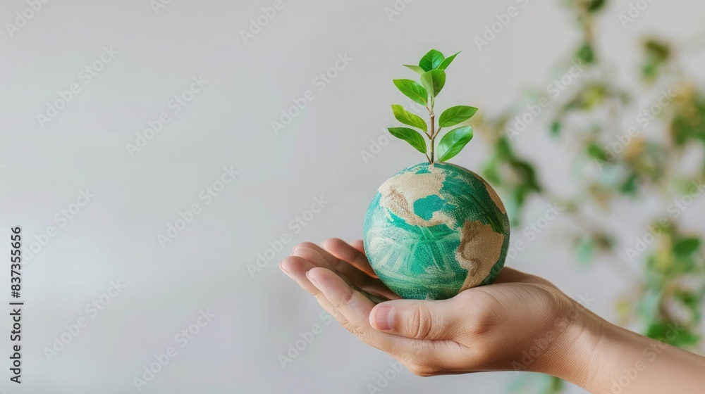 A hand holding a small globe with green leaves, illustrating environmental protection and sustainability, with copyspace. Environmental carbon reduction A hand holding a small globe with green leaves, illustrating environmental protection and sustainability, with copyspace. Environmental carbon reduction