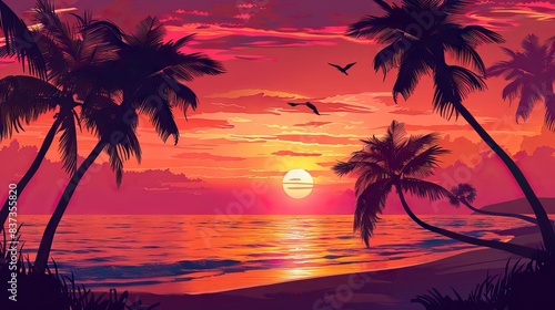 Silhouettes of palm trees and amazing cloudy sky on sunset at tropical beach with pink sky background for travel and vacation. AI generated illustration © Gulafshan