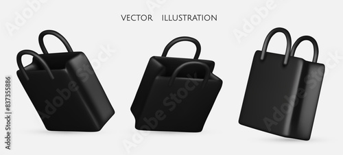 Set of colour black realistic shopping bags in realistic style. Stylish fashionable bag isolated on white background. 3D Vector illustration