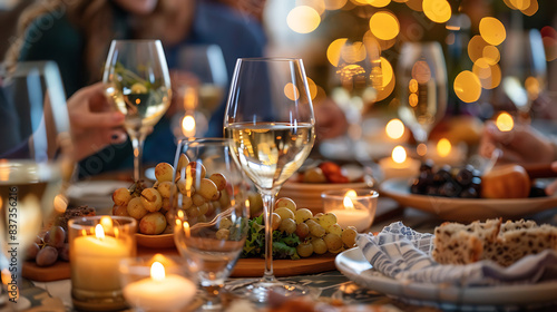 a group of people sitting around a table with wine glasses in hand and food on the table in front of them