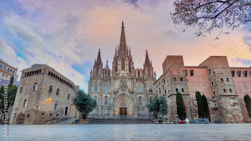 Gothic Barcelona Cathedral at the sunrise, Spain. photo
